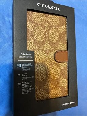Coach Brown Signature Monogram Folio Phone Case with Leather Trim